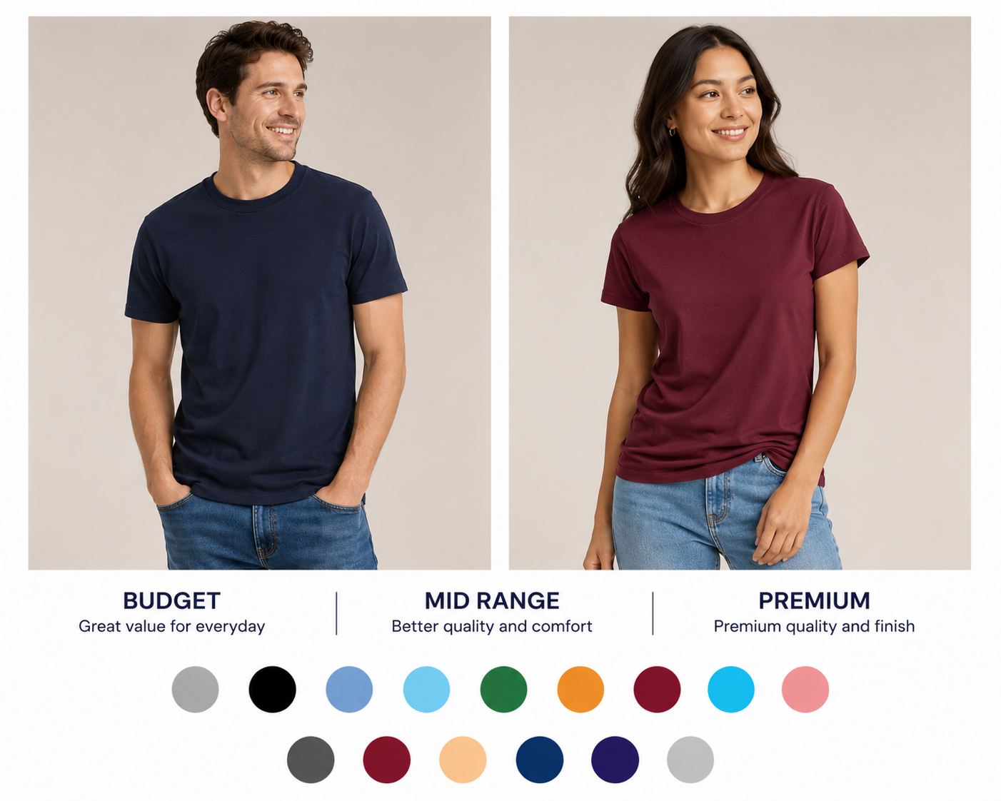 budget, mid range and premium t shirts.
