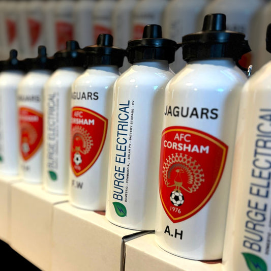 Football team water bottles.